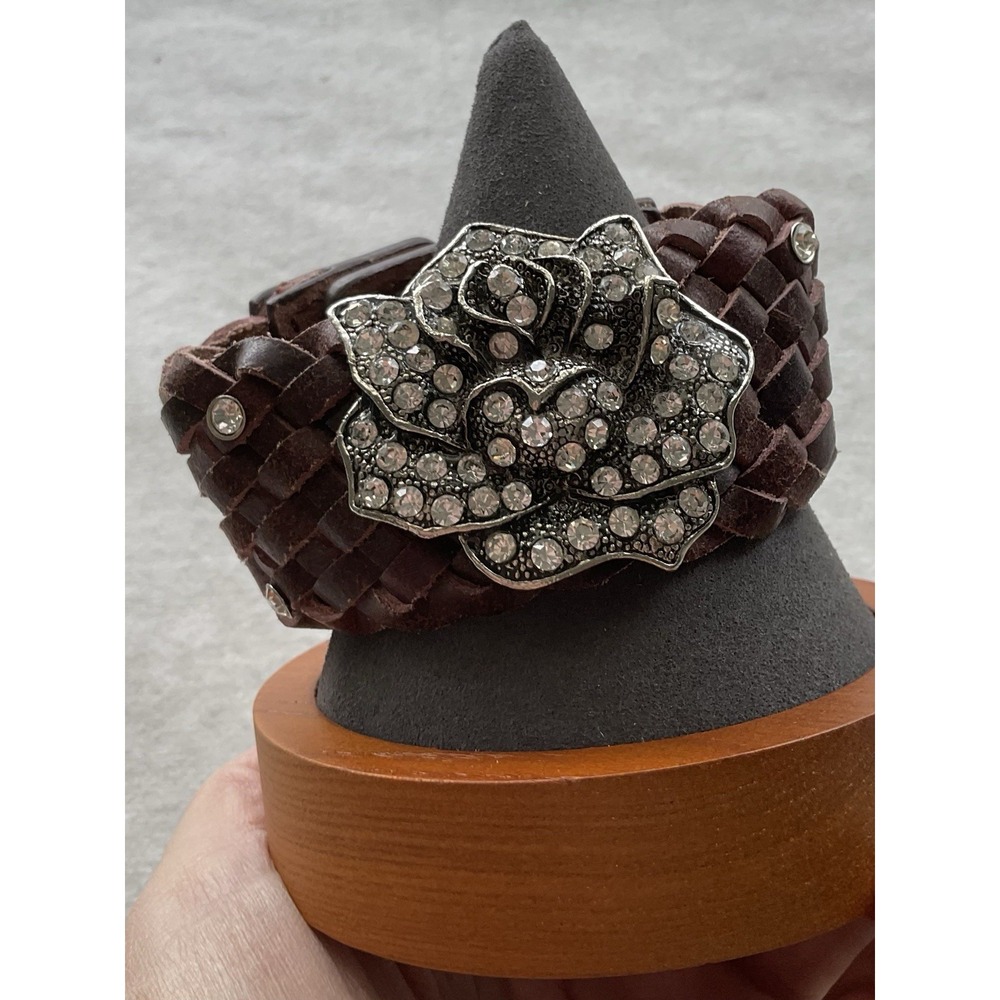 brown braided leather cuff bracelet Silver Tone Rhinestone Center Piece Estate